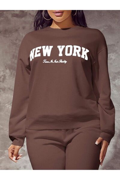 Mythologie New York Reality Winter Sweatshirt - Brown Printed Oversized Crew ...