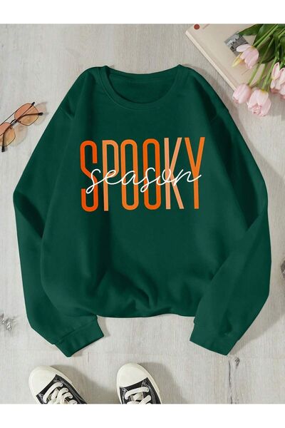Mythologie Spooky Season Winter Sweatshirt - Nefti Green Printed Oversize Cre...