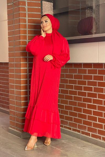 Şule Giyim Tight Pleated Belted Evening Dress Red