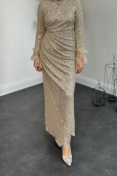 Şule Giyim Sleeve Fringe Sequin Evening Dress Gold