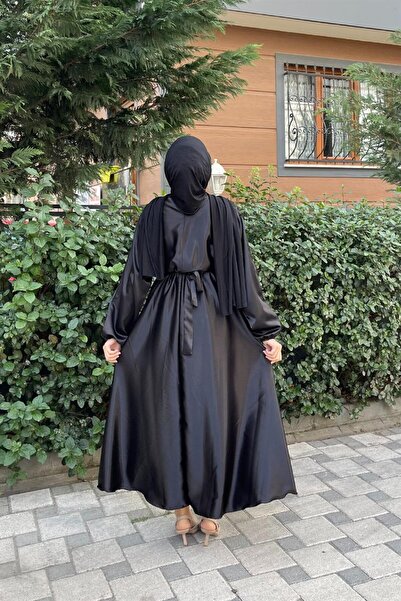 Şule Giyim Beli Lastikli Kemerli Saten Abiye Siyah