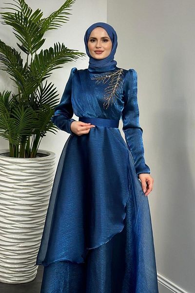 KaSheHa Indigo Ervah Stone Detailed Evening Dress