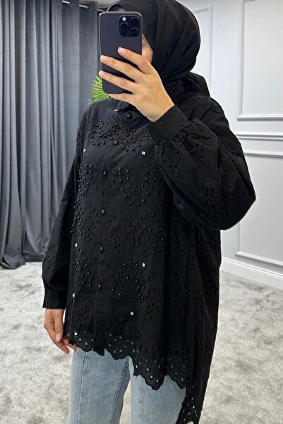 Şule Giyim Scallop Pearl Tunic Black