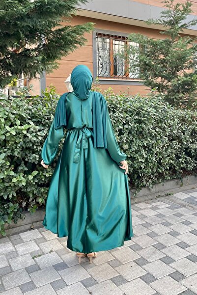 Şule Giyim Beli Lastikli Kemerli Saten Abiye Yeşil