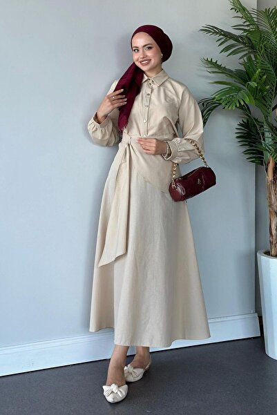 Hazamoda Beige Colored Criss Skirt Set