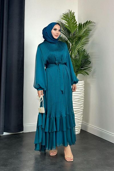 Şule Giyim Tight Pleated Belted Evening Dress Emerald