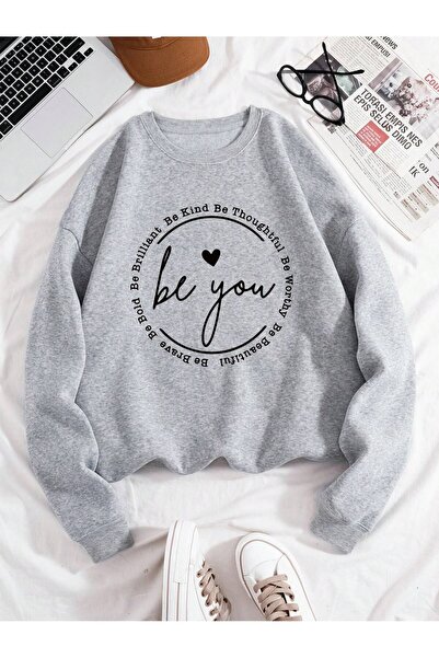 Mythologie Be You Winter Sweatshirt - Gray Printed Oversized Crew Neck