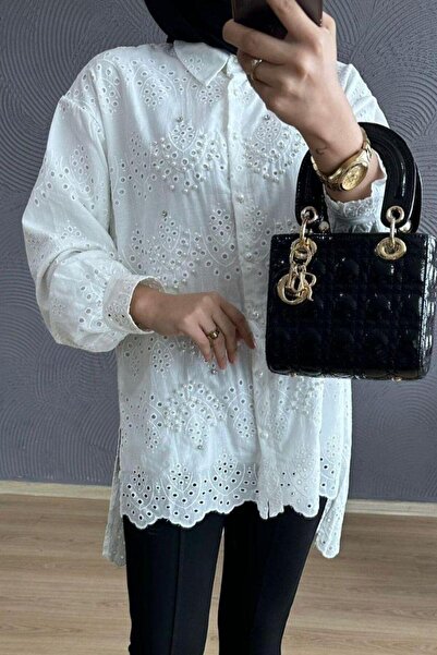 Şule Giyim Λευκό χτένισμα μαργαριτάρι τουνίκ