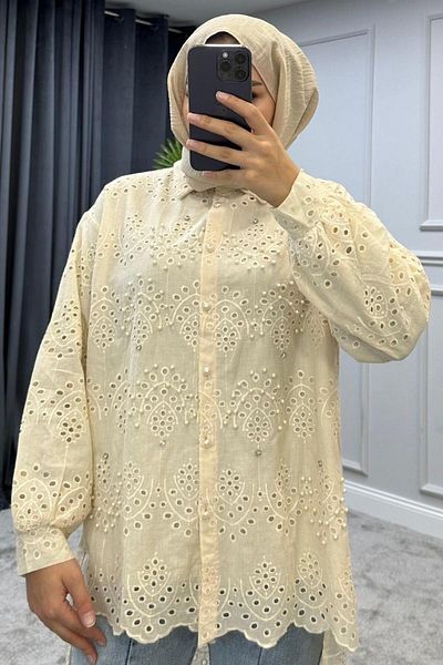 Şule Giyim Scallop Pearl Tunic Ecru