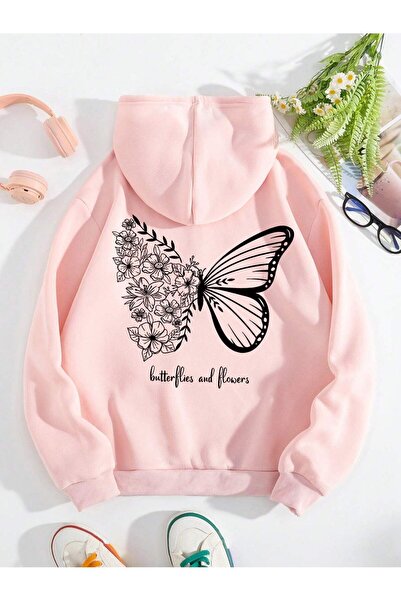 Mythologie Butterflies and Flowers Thick Winter Sweatshirt - Pink Printed Ove...