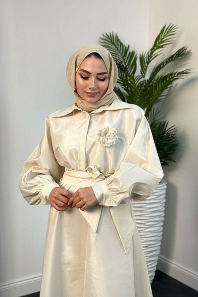 Şule Giyim Begüm Rose Detailed Dress Ecru