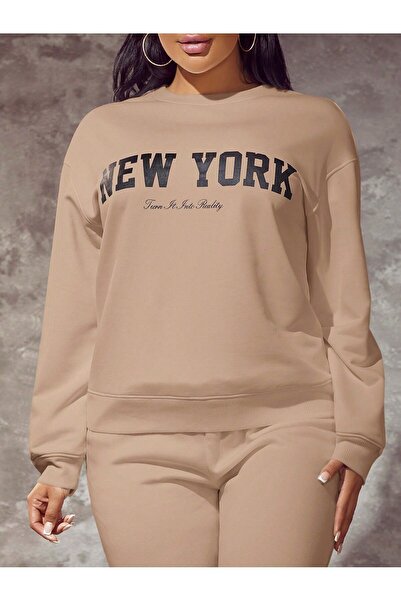 Mythologie New York Reality Winter Sweatshirt - Beige Printed Oversize Crew Neck