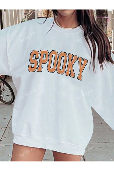 Mythologie Spooky Winter Sweatshirt - White Printed Oversize Raised Crew Neck
