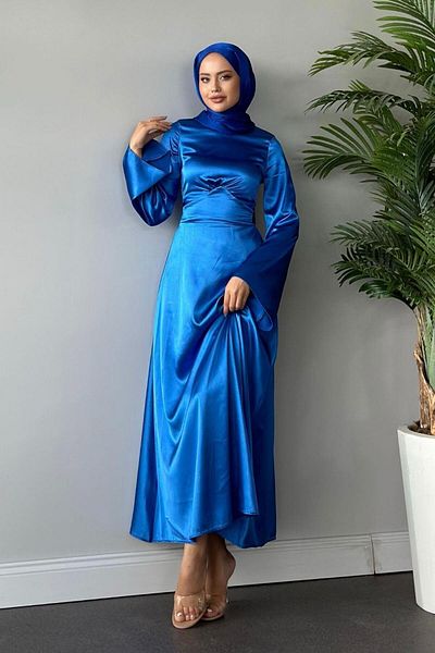 Şule Giyim Rochie de seara din satin incrucisata pe spate Indigo
