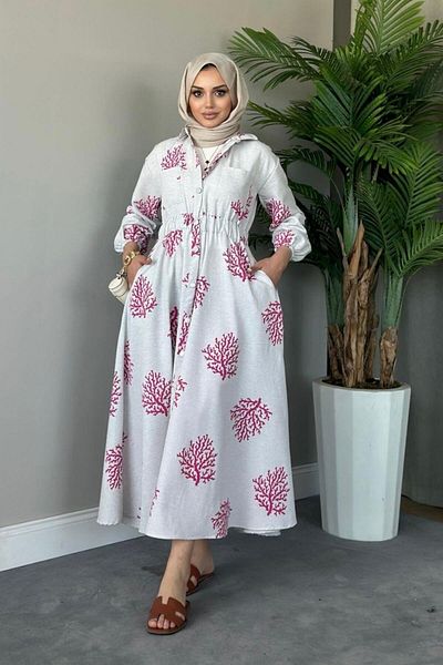 Şulemoda Giyim Fuchsia Linen Dress - Pervin Patterned