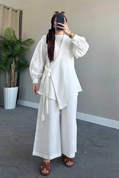 Hazamoda White Linen Set - Thick Belt