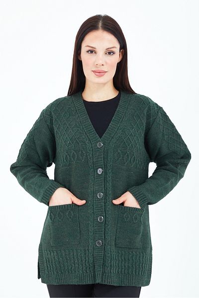 Elçelya Moda Women's Khaki Green V-Neck Buttoned Pocket Knitted Wool Mother Knitwear Short Cardigan