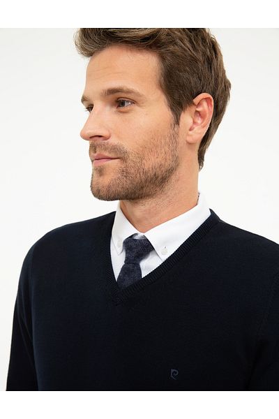 Pierre Cardin Dark Navy Blue Slim Fit V-Neck Basic Knitwear Sweater 50207495 -Vr100