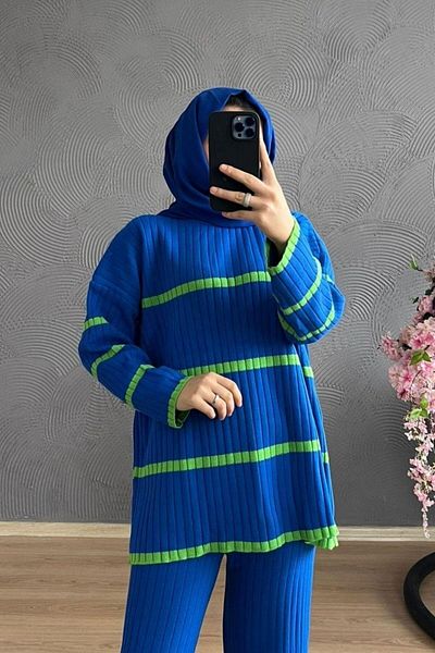 Şule Giyim Blue Two-Color Knitwear Set