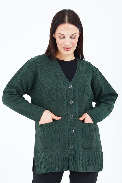 Elçelya Moda Women's Khaki Green V-Neck Buttoned Pocket Knitted Wool Mother Knitwear Short Cardigan