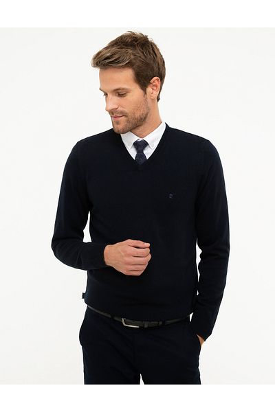 Pierre Cardin Dark Navy Blue Slim Fit V-Neck Basic Knitwear Sweater 50207495 -Vr100