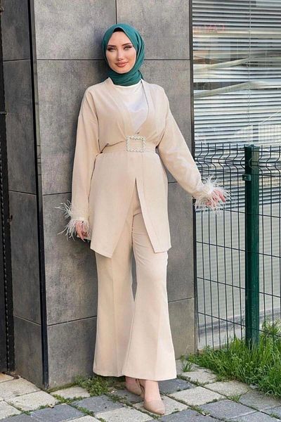 Şule Giyim Feathered Kimono Set Beige