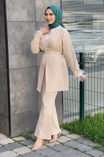 Şule Giyim Feathered Kimono Set Beige