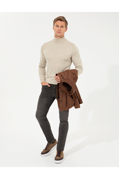 Pierre Cardin Пясъчен меланж, прилепващ пуловер с обло деколте, основен трико...