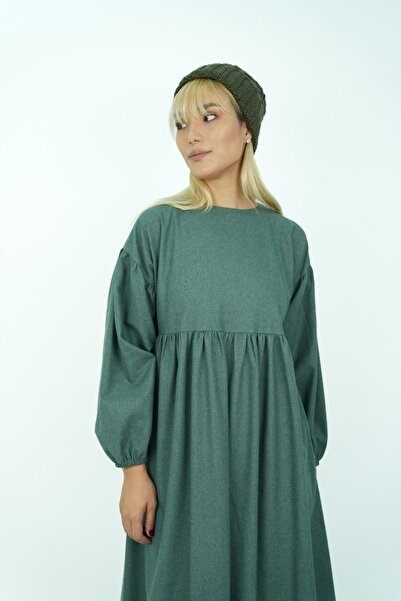 QANU Büzgülü Pamuklu Elbise Yeşil Bol Kalıp