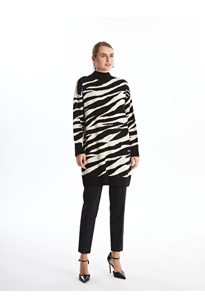 LC Waikiki Black Half Turtleneck Patterned Women's Knitwear Tunic