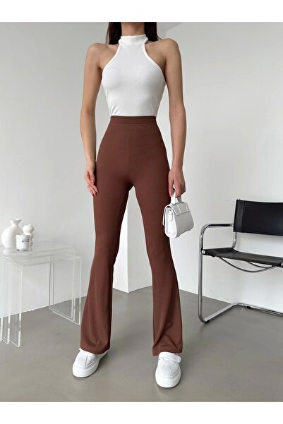 DoQuN Stylish and Comfortable High Waist Spanish Leg Ribbed Recovery Brown Leggings