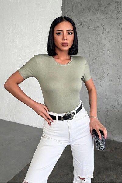 Lisinya Άνετο και κομψό κοντομάνικο μπλουζάκι με λαιμόκοψη από λύκρα βισκόζη χτενισμένο βαμβάκι χακί