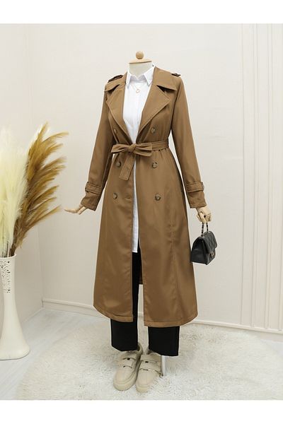 Modamorfo Gefütterter Trenchcoat mit Gürtel – Hellbraun