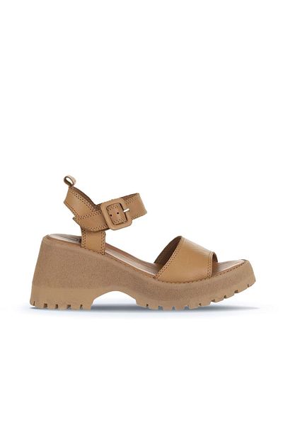 Bueno Shoes Ταν Δερμάτινα Γυναικεία Σανδάλια - Σφηνοτάκουνα, Μοντέλο 01wy12600