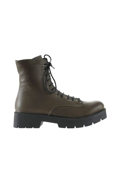 Bueno Shoes Γυναικείες Χακί Δερμάτινες Flat Μπότες - 01wt2501