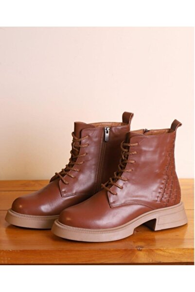 Kuum K4818 Kadın Günlük Arkası Örme Garnili Hakiki Deri Postal Bot