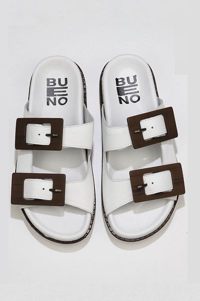 Bueno Shoes Papuci plati din piele albă pentru femei - 01wu5817
