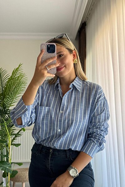 Mivida Çizgili Uzun Kol Keten Kumaş Mavi Gömlek