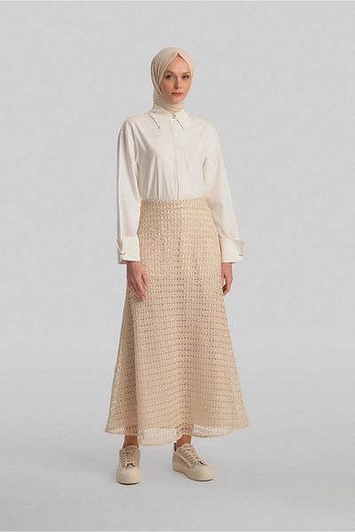 Armine Ecru Mesh Flared Skirt - 24Y1625