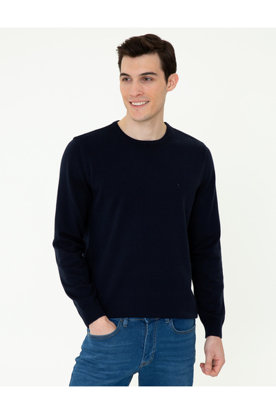 Pierre Cardin Albastru marin slim fit guler rotund basic Pulover tricotat 502...