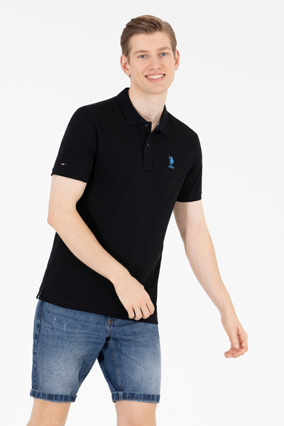 U.S. Polo Assn. تي شيرت رجالي أسود بياقة بولو أساسية 50262969 -VR046