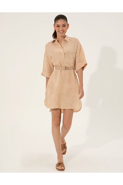 Pierre Cardin Beige Linen Blended A-Line Shirt Dress 50247236 -Vr011