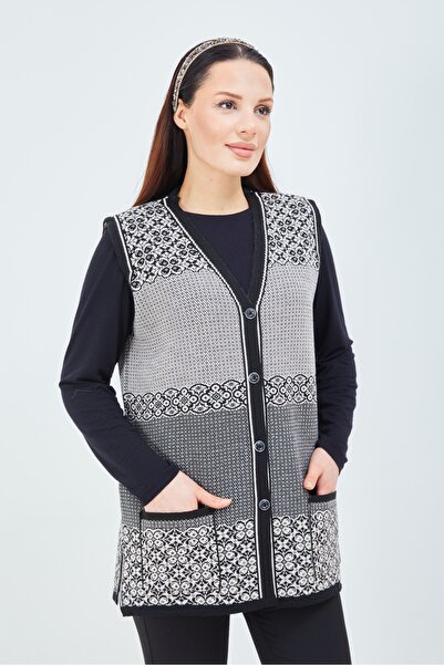 Elçelya Moda Black and White Patterned - Buttoned Pocket Winter Women's Vest