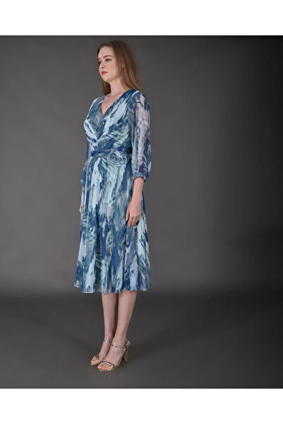 MODATALİKA Modatalika Kadın Midi Boy Şifon Desenli Truvakar Kol Yeni Sezon Elbise
