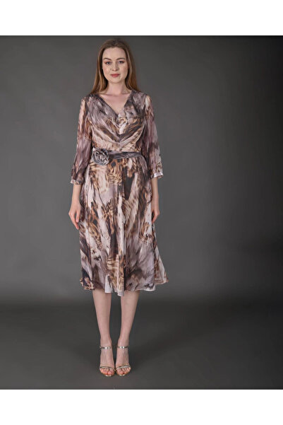 MODATALİKA Modatalika Kadın Midi Boy Şifon Desenli Truvakar Kol Yeni Sezon Elbise