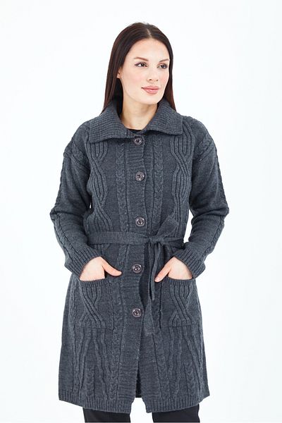 Elçelya Moda Cardigan lung din lână, tricotat cu curea, cu buzunar cu nasturi, guler afumat