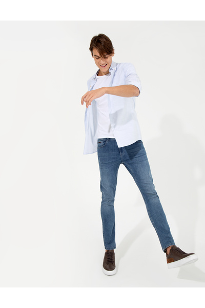 Pierre Cardin Світло-блакитна сорочка зі струнким кроєм, що імітує льон 50252491-VR003