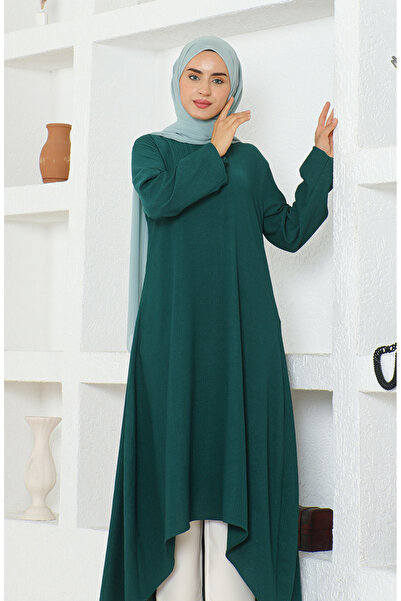 sefamerve Bürümcük Kumaş Asimetrik Kesim Uzun Tunik 1034-01 Zümrüt Yeşili