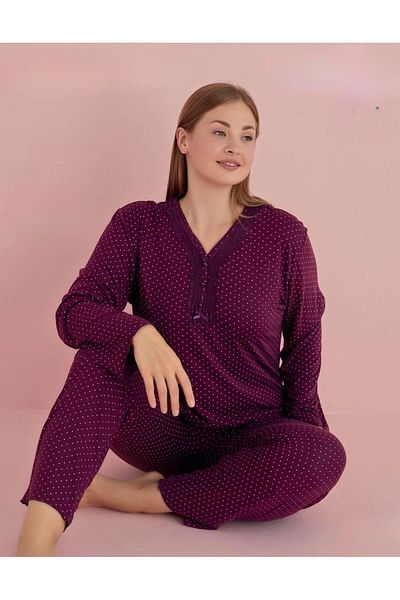 PİJAMERRY Plus Size Lace Collar Pajama Set - Bamboo Long Sleeve 5067