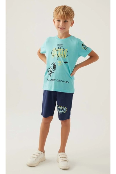 Batman Licensed L1700 Gotham T-Shirt and Shorts Bottoms Top Boy's Kit Turquoise